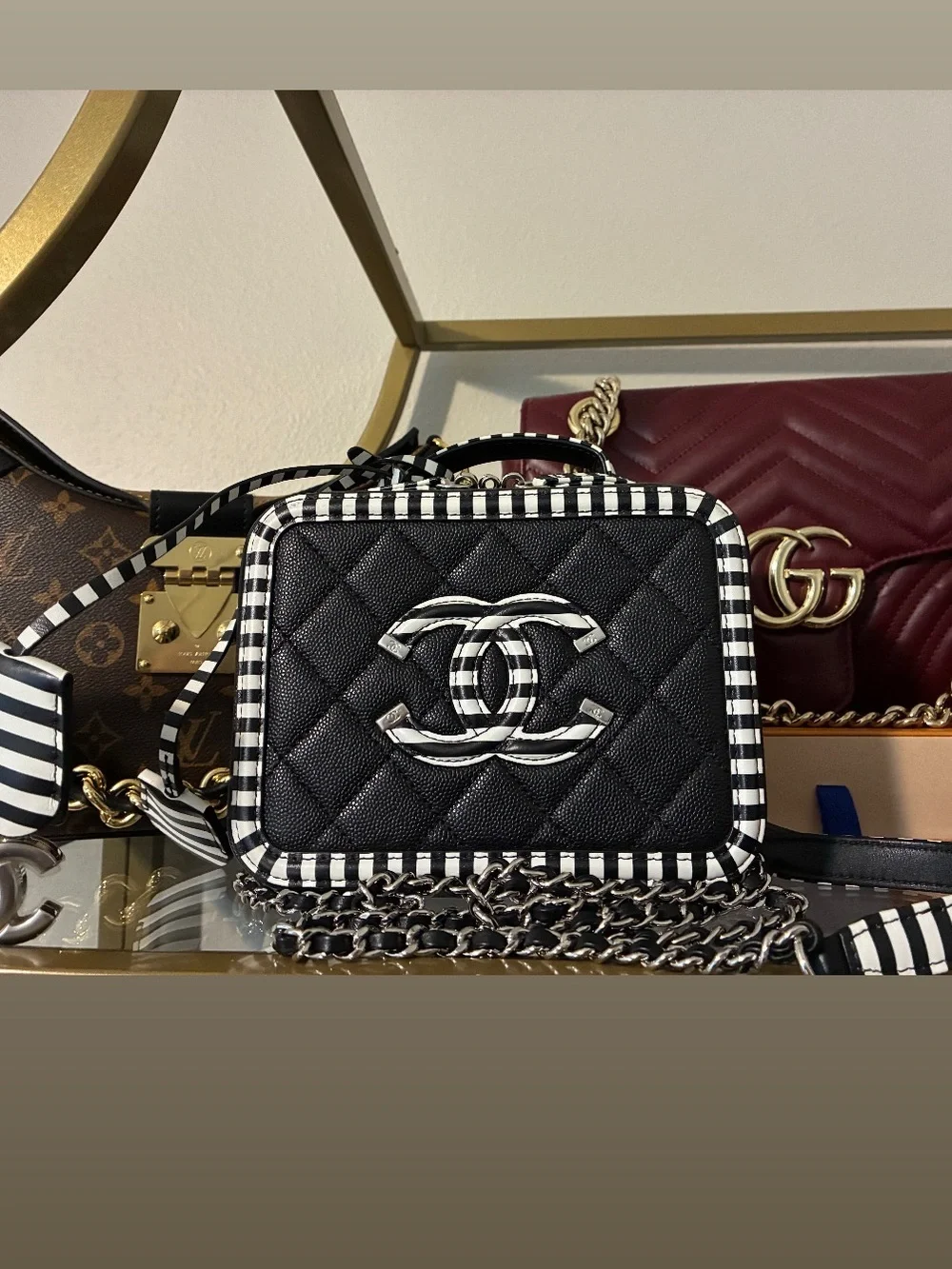 CHANEL Black Quilted Camera Bag with Black & White Striped Trim